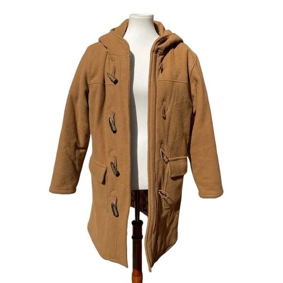 Cabela’s Women’s Toggle Duffel Wool-blend Hooded Coat, Large. Tan cargo pockets - Picture 2 of 16